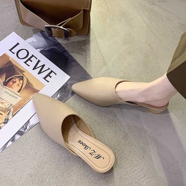

khaki mules shoes women slippers soft leather pointed toe female slides shoes beige mules vintage slippers, Black