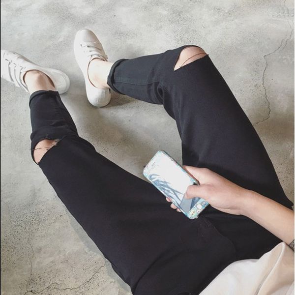 

2020 fashion jeans harem knee hole foot men's pencil pants teenagers hip hop casual black blue denim cowboy trousers
