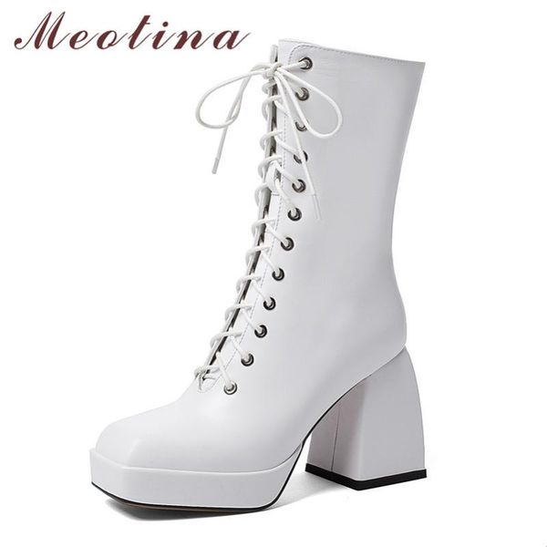 

meotina real leather platform super high heel mid calf boots women shoes square toe thick heels zipper lace up lady boots winter, Black