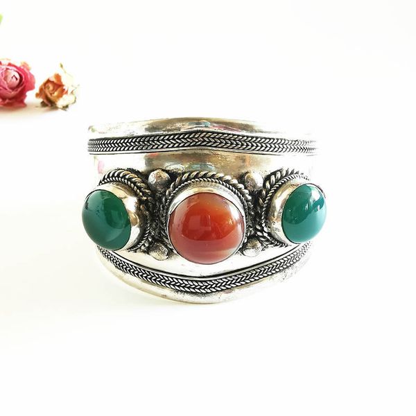 

tibetan bangles white metal copper inlaid natural stone beads open cuff bb-465, Black