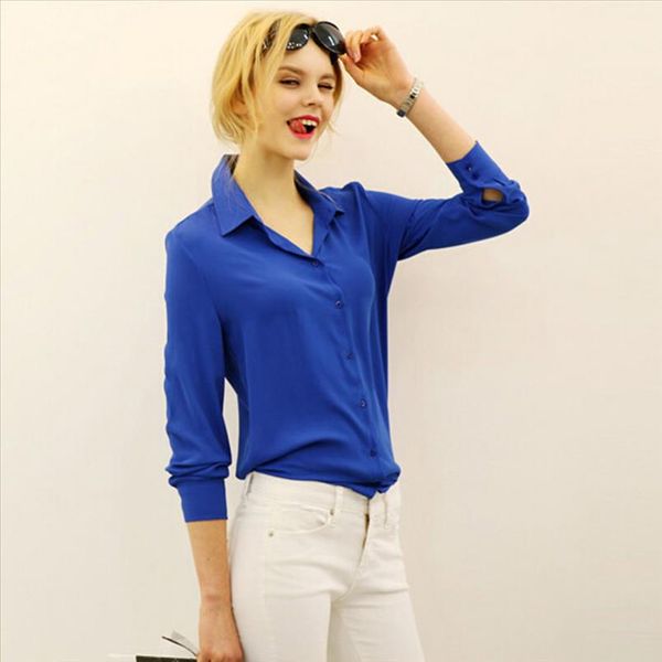 

women blouses direct selling button solid autumn new long sleeve shirt female chiffon womens slim clothing, White
