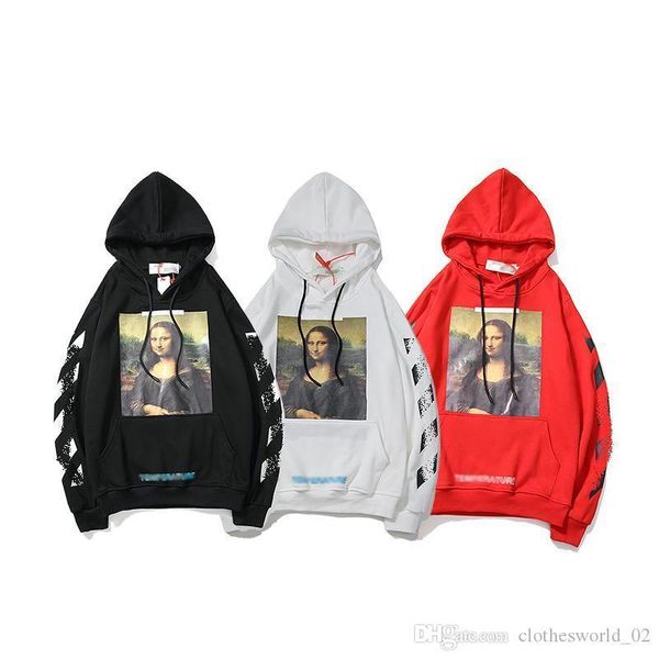 

off brand white designer hoodie mona lisa pattern stripe print classic hoodie women mens loose large size sweatshirt outdoor leisure sweater, Black