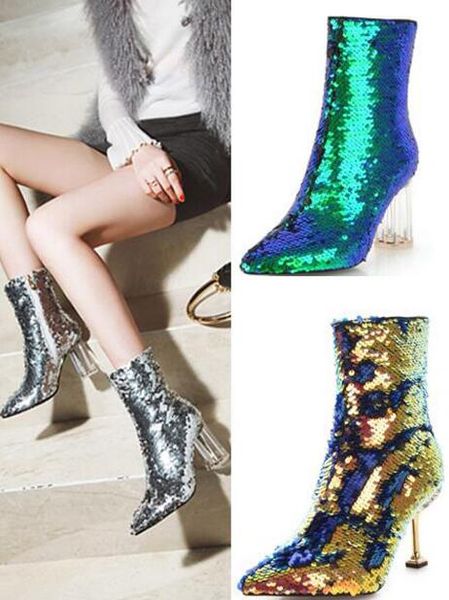 

girls sequins bling bling fish scales crystal thick heels tube short boots pointed toe thin heels fashion ankle boots zipper, Black