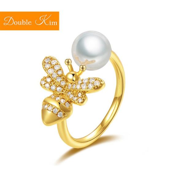

small bee peal zircon adjustable ring copper alloy silver plated resizable rings fashion trendy women jewelry birthday gift, Golden;silver
