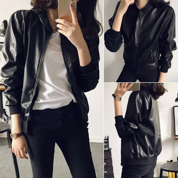 

women's jackets women autumn 2021 leather jacket black color washed short solid o-neck zippers slim coats ladies casual, Black;brown