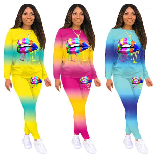 

pants 20fw women clothes casual women 2 piece set casual long sleeve o neck colorful lips pattern two piece, White