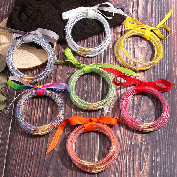 

jjfoucs 5 pcs/set beads bangles bracelets filled stack silicone circles for women bowknot glitter jelly bangles bracelets gifts, Black
