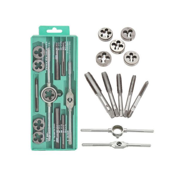 

8-12pcs/set multifunction nc screw tap & die set external thread cutting tapping hand tool kit with m6 m7 m8 m10 m12 taps