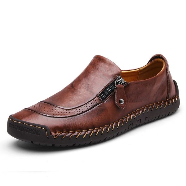

valstone men's leather casual shoes handmade loafers vintage moccasin slip on rubber flats anti-skid zip opening plus size 38-48, Black