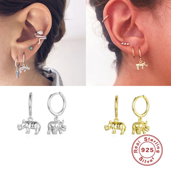 

hoop & huggie mary 925 sterling silver earrings for women earring rhinoceros pendant brinco fine jewelry oorbellen couple gift, Golden;silver