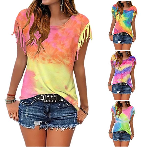

european and american style women's tie-dye burnt fringed short-sleeved t-shirt top, White