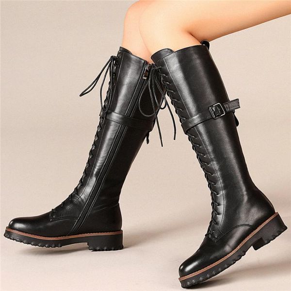 

boots women lace up genuine leather knee high round toe platform oxfords punk goth winter thigh buckle creepers, Black