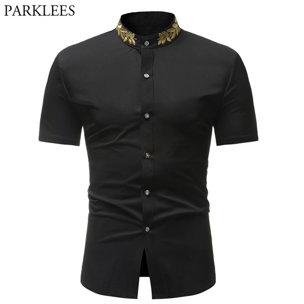 

mens hipster embroidery shirt 2020 summer new mandarin collar short sleeve shirt men casual business dress shirts chemise homme, White;black