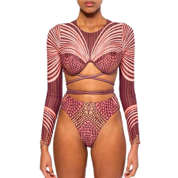 

2020 vintage long sleeve women swimwear one piece swimsuit female high cut out monokini wrap around bathing suit swim wear lady