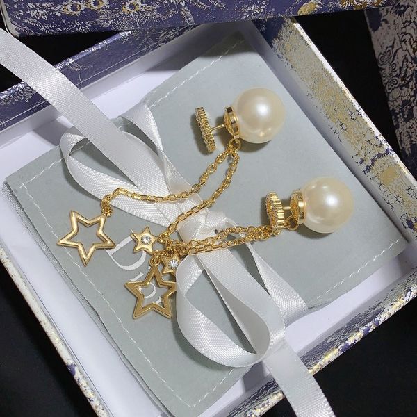 

with box classic double crystal earrings pearl pendant large stud earrings brass material earrings supply r38, Golden
