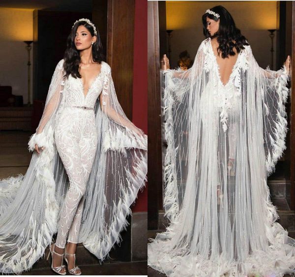 

2021 modern wedding dresses with wrap v neck lace appliques feather mermaid bridal gowns custom made backless sweep train wedding dress, White