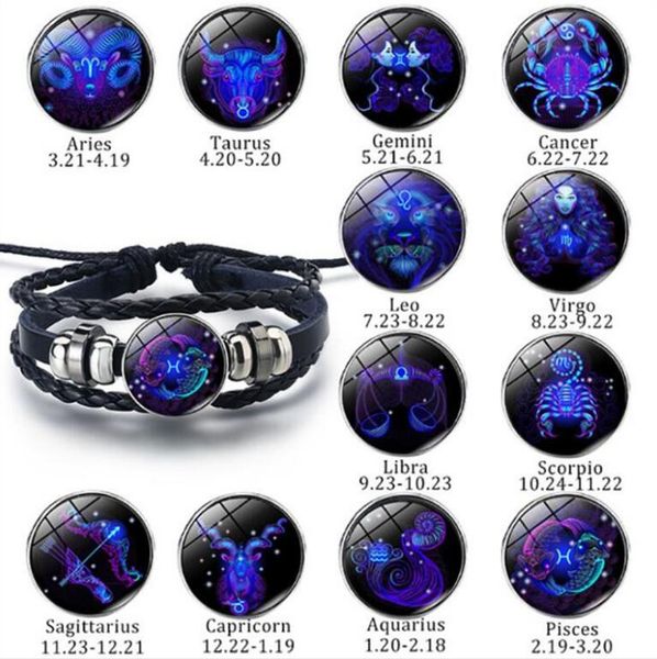 

12 constellation zodiac sign black braided leather bracelet glass dome jewelry men aries libra libra leo birthday gift