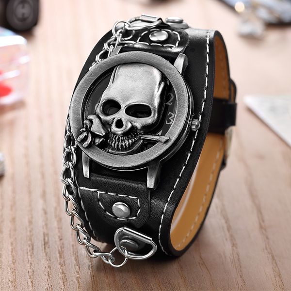 

reloj hombre 2020 vintage watches men skull watches flip cover dial leather band quartz wristwatches price dropshipping, Slivery;brown