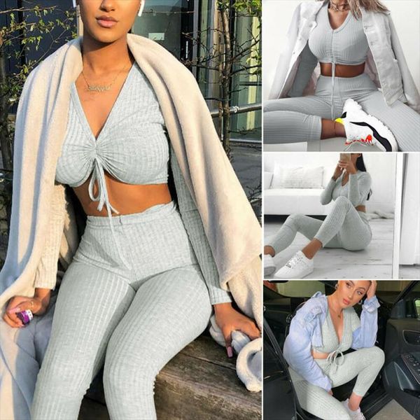 

fashion ladies knitting crop bottoms set womens 2pcs loungewear party suit tracksuit women long sleeve pants outfits, Gray