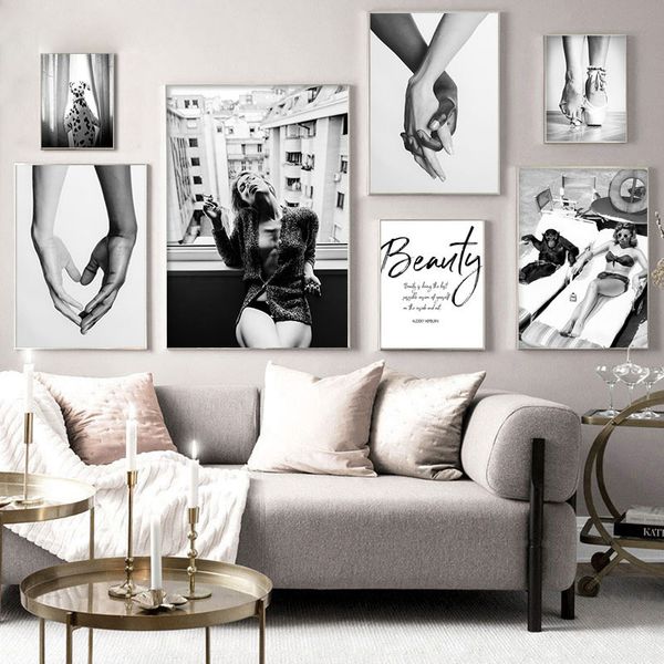 

hand in hand smoke girl fashion poster black white gray print canvas painting wall art decoration picture living room decor
