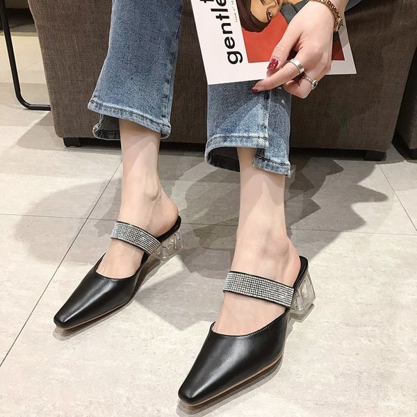 

2020 summer new baotou half slippers women fashion outer wear thick and lazy square head sandals and slippers x331, Black