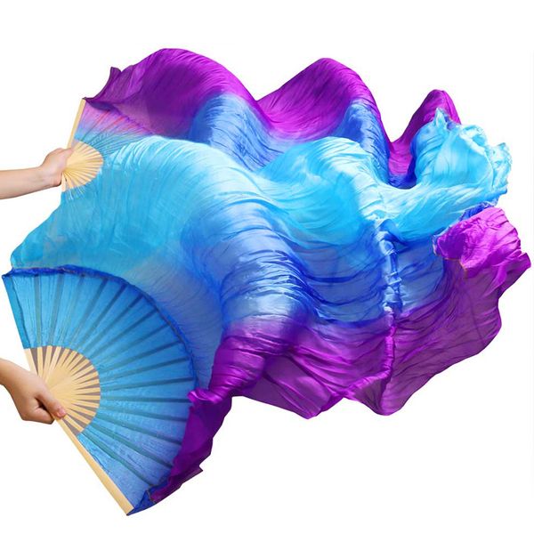

stage wear high selling 100% silk 1pair handmade quality belly dance fans vertical stripes purple+royal blue+turquoise 180*90cm, Black;red