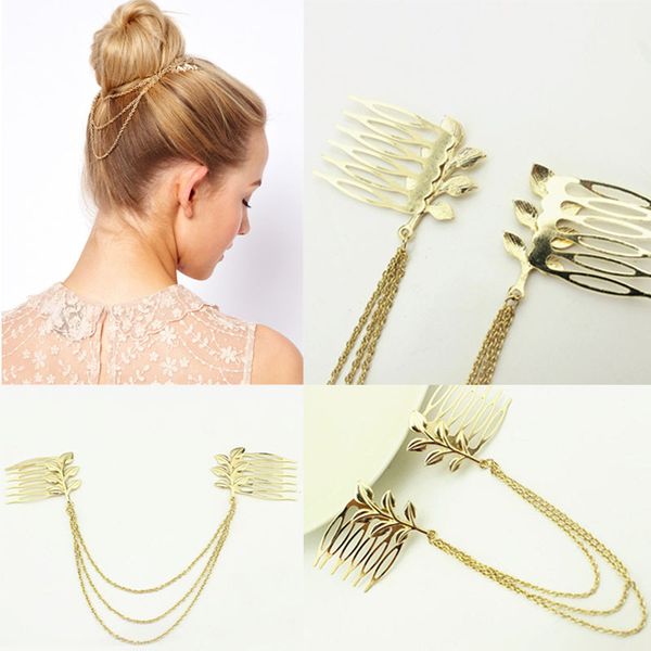 

fashion gold metal leaf tassel hair band comb clip cuff chain headpiece jewelry for women wedding hair accessories hw-0004, Golden;silver