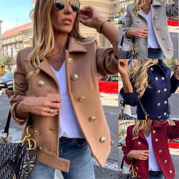 

womens slim double breasted jackets autumn winter lapel neck button woolen blend short coats woman ol style solid color outerwears, Black;brown