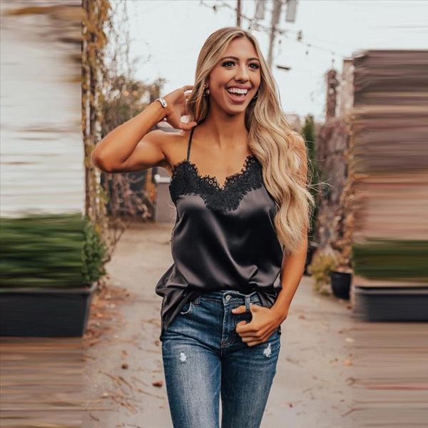 

2020 new lace women slip tank female strap camis summer ladies satin sleeveless black white red silk vest