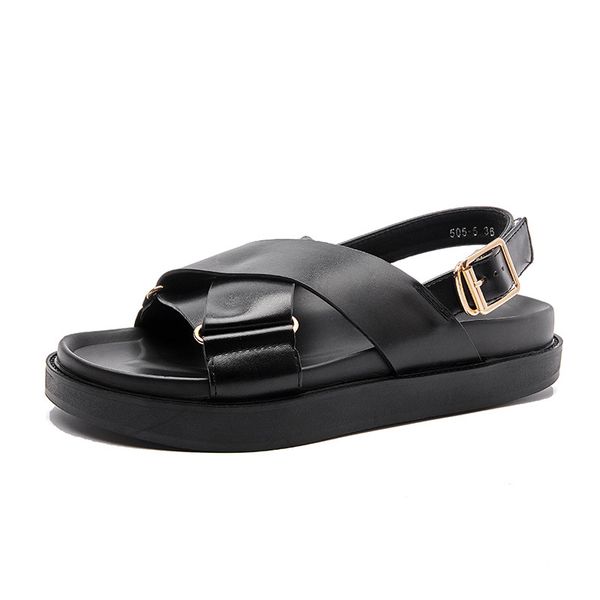 

new women sandals genuine leather black buckle fashion round head flat sandals roman wind casual women