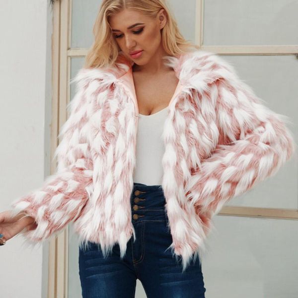 

women's fur & faux furry coat women fluffy warm long sleeve female outerwear autumn winter jacket hairy turn-down collar overcoat#g30, Black
