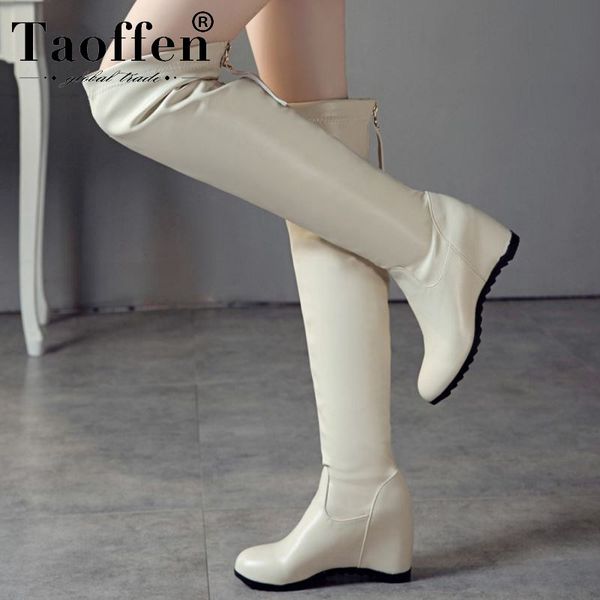 

boots taoffen women over the knee zipper wedges office work winter warm high heels shoes woman footwear size 33-43, Black