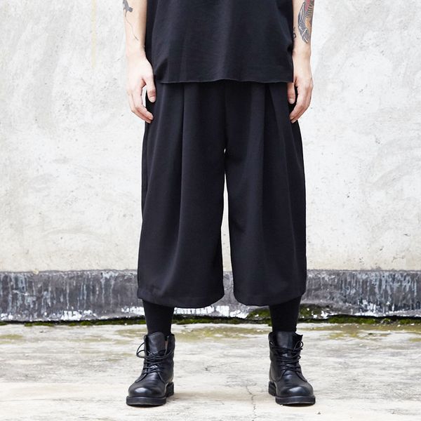 

men streetwear wide leg casual pants skirt gothic harem trousers style kimono pants hip hop punk japan male women loose mid flat, Black