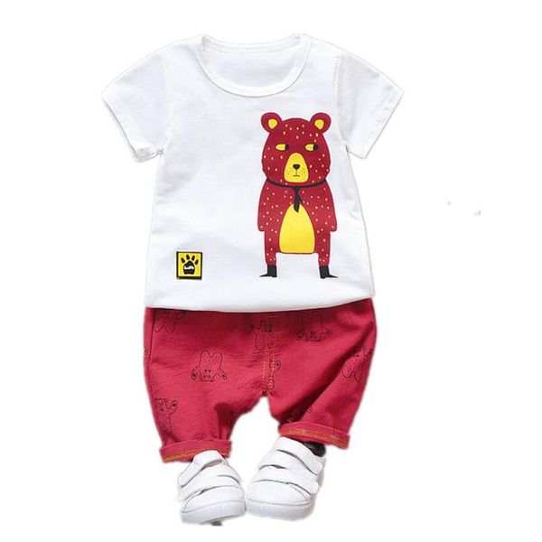 

casual summer baby kids boys short sleeve cartoon bear t-shirt +shorts pants 2pcs infants roupas clothes suit kg-117, Pink;blue