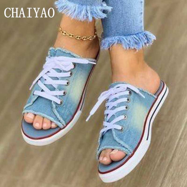 

canvas women's slippers 2020 summer ladies large size open toe outdoor flatform femmes slides casual cross-tied women flip flop, Black