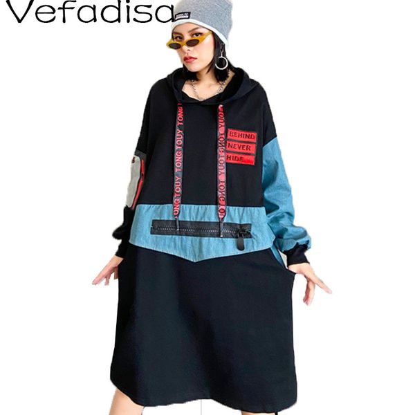 

qing mo women hooded sweatshirt 2020 autumn embroidery cowboy patchwork dress mid-length large size sweatshirt dress lhxx108, Black