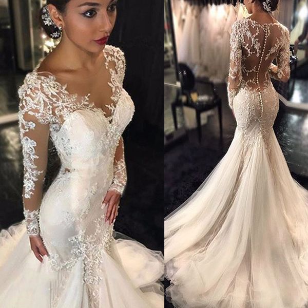 

Trumpet/Mermaid V-neck Long Sleeves Lace Court Train Tulle Applique Lace Wedding Dresses Illusion Back Back Bridal Dress with Pick Up Skirt