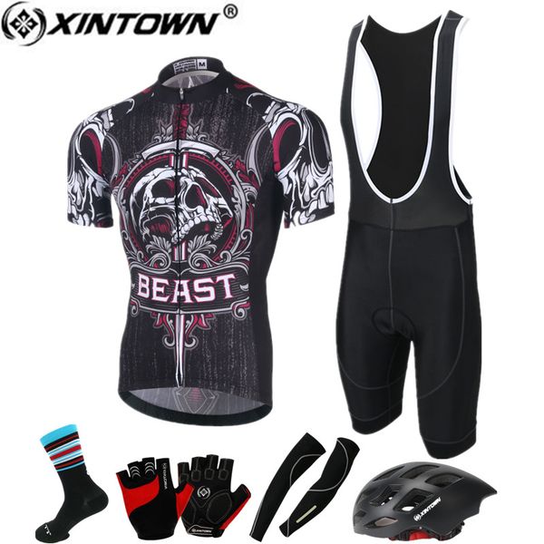 

xintown cycling jersey set racing bike skull summer cycling clothing 2020 bicycle bike short jersey gloves helmet socks, Black;blue