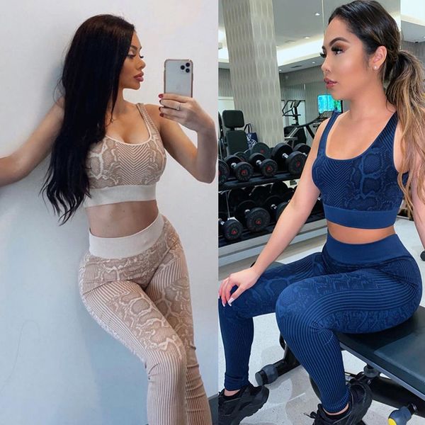 

2020 summer women gym yoga set fitness clothing slim pythons grain sport leggings+sports bra 2 piece sport wear yoga outfits, White;red