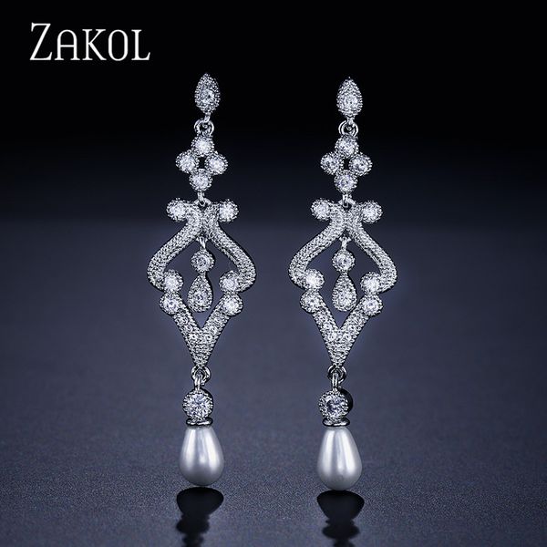 

zakol design vintage style oval imitation pearl white color cz zirconia bridal long dangle earrings jewelry fsep215, Silver