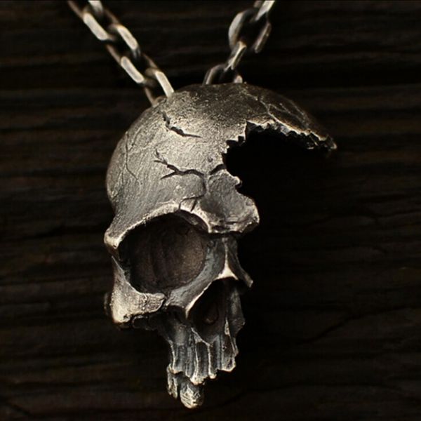 

broken damaged half face skull pendant necklace men's fashion biker rock punk jewelry antique chain length 55cm 2 color, Silver