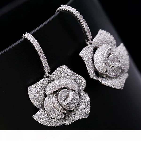 

european exaggerated dinner three-dimensional camellia earrings micro-inlaid zircon luxury ear hook earrings online star with the earrings, Silver