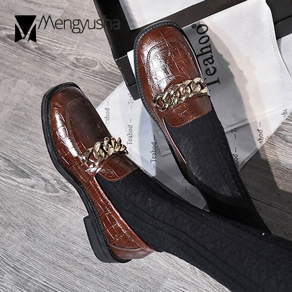 

crocodile pattern pu leather flats women lolita shoes metal chains loafers ladies girls derby shoes square toe chains moccasins, Black