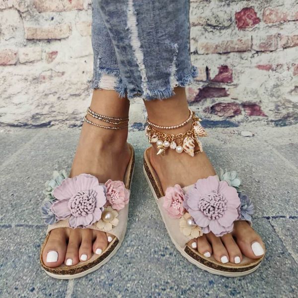 

vertvie women summer beach flats shoes woman outdoor open toe vintage flower slippers slides sandalias mujer, Black