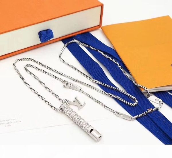 

new arrive fashion men lady women titanium steel silver-color metal necklace with engraved v initials embellished crystals whistle charm