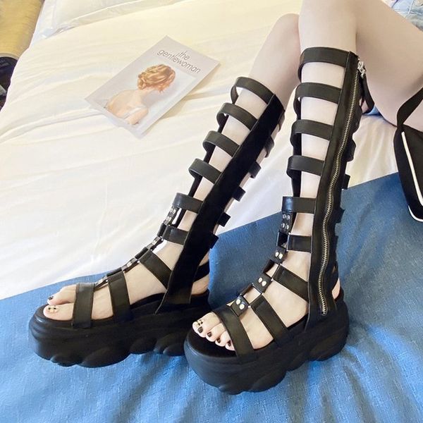 

rimocy summer hollow out knee-high chunky platform boots women pu leather open toe boots woman side zipper booties female, Black