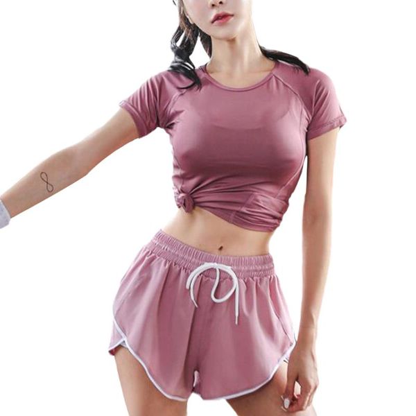 

short tracksuit and shorts sets sport casual suit yoga clothes set for female ( pink t-shirt with shorts, White;red