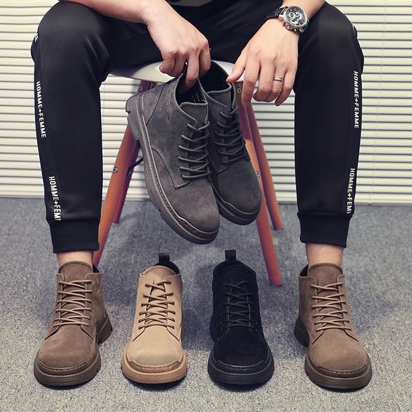 

suede leather platform boots men fashion new motorcycle boots autumn lace up casual shoes men ankle bota masculina, Black