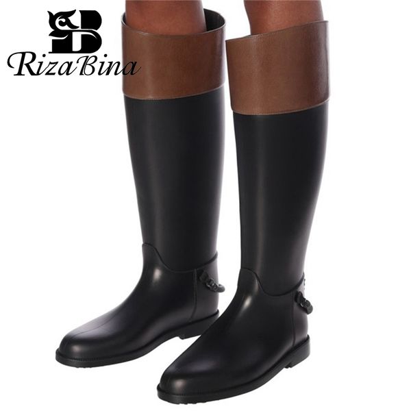 

rizabina women real leather knee high boots round toe low heel retro fashion boots slip on shoes ladies footwear size 35-44, Black