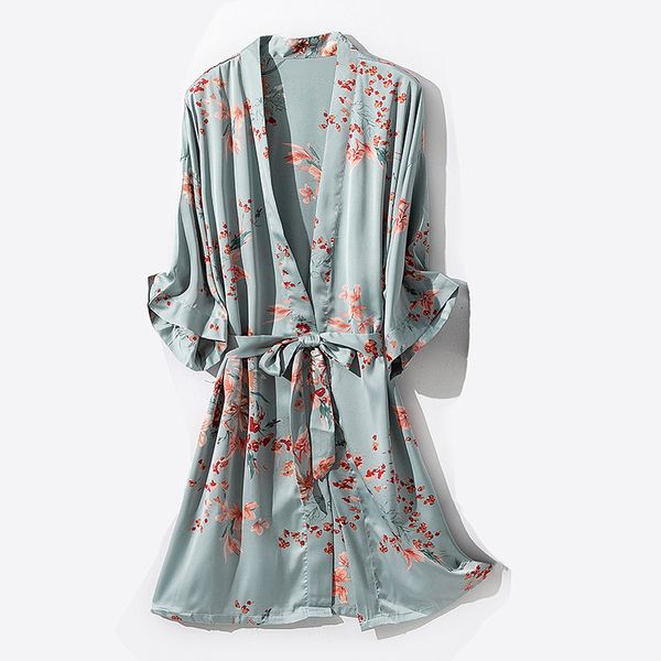 

kimono bath gown print flower women robe summer thin nightgown sleepwear casual silky satin nightdress home clothes nightwear, Black;red